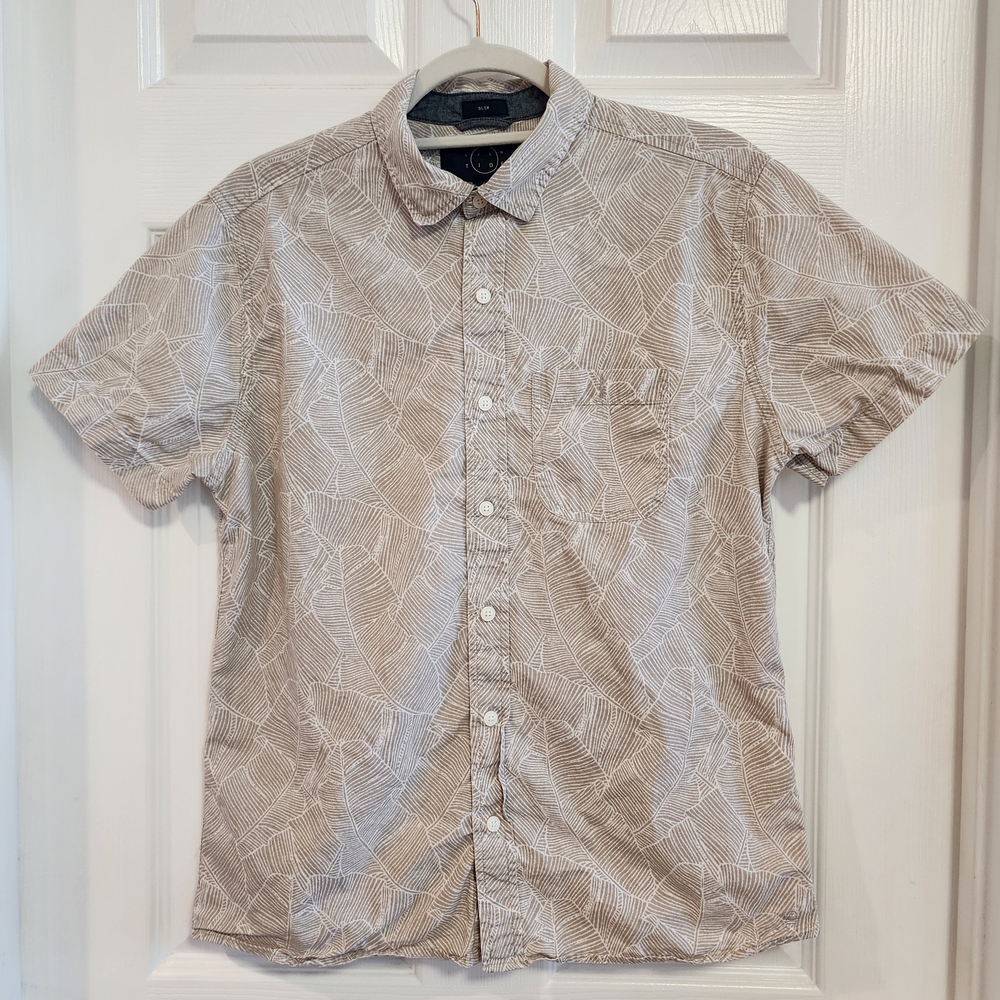 Even Tide Men's Beige Patterned Short Sleeve Hawaiian Shirt Small Slim